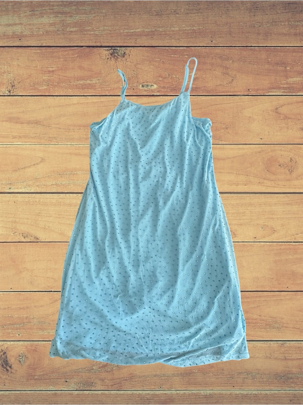 love, Fire Light Blue Mesh Layered Slip Dress With Rhinestones, Large